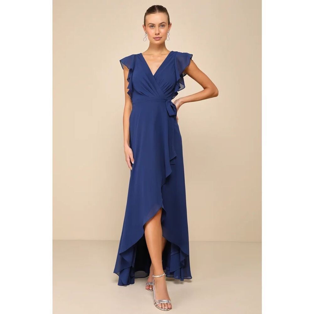 Lulus Ravishing Charm Dark Blue Ruffled Wrap High-Low Maxi Dress Size 1X NWT
